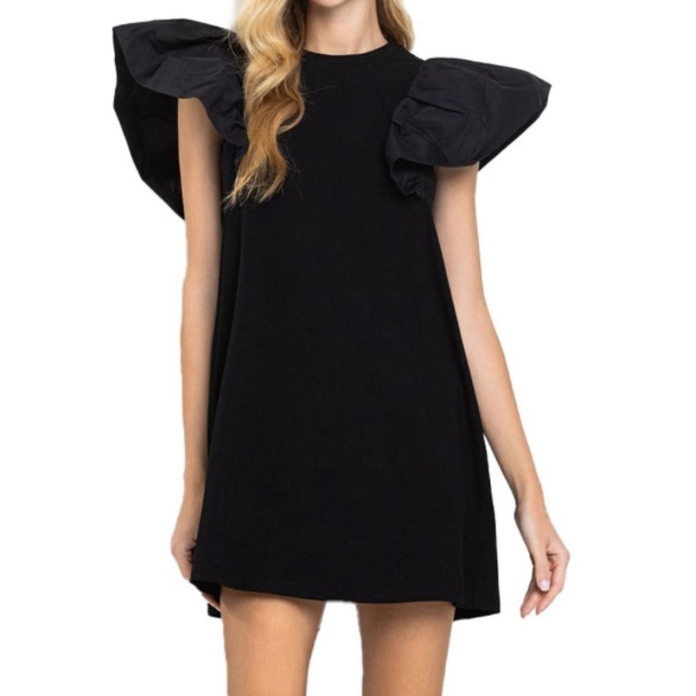 Women's TCEC Poplin Ruffle Sleeve Dress | Black | size large
